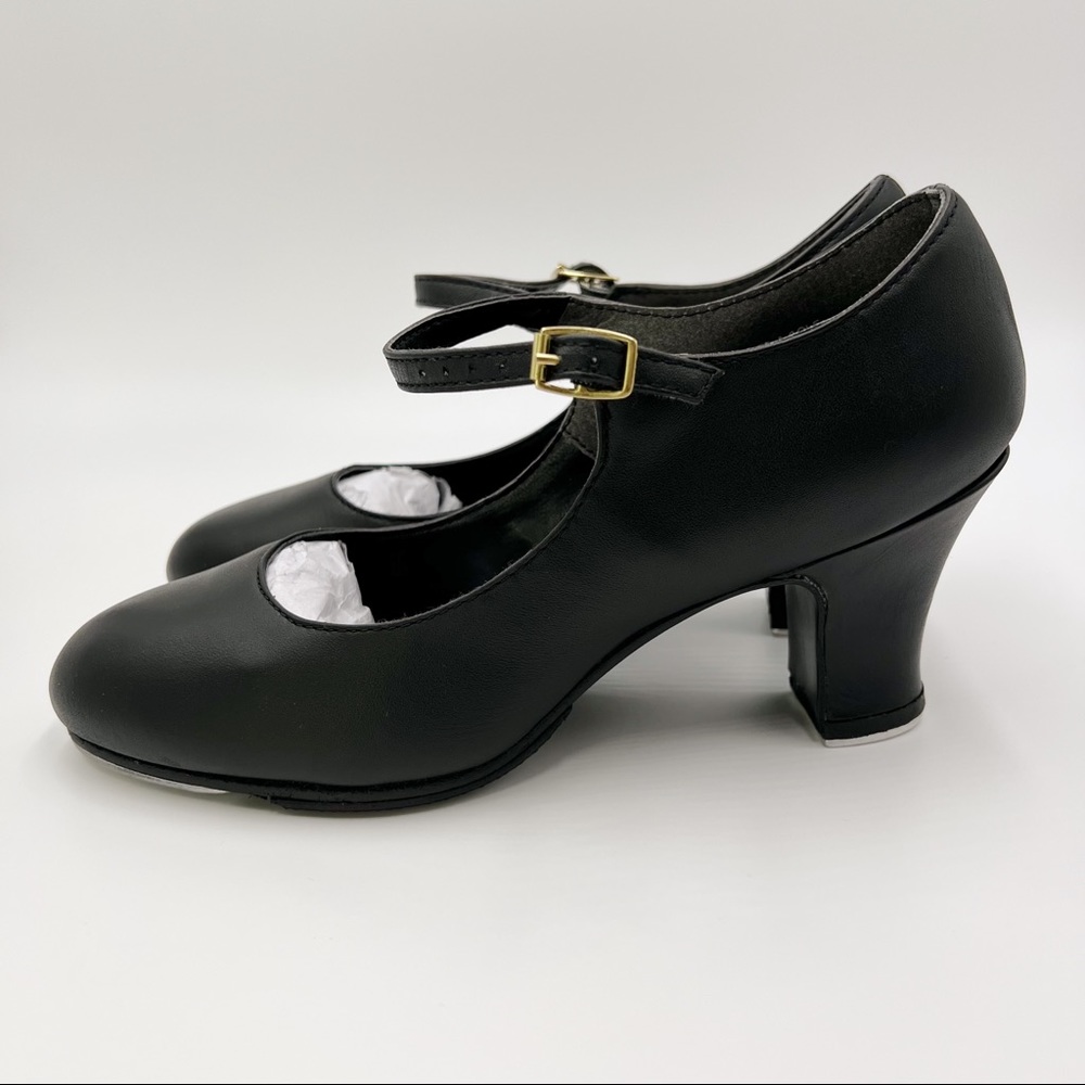 7.5W 7.5 WIDE Capezio 657 Manhattan Xtreme Black Leather Tap Dance Shoes Heels - Picture 6 of 14